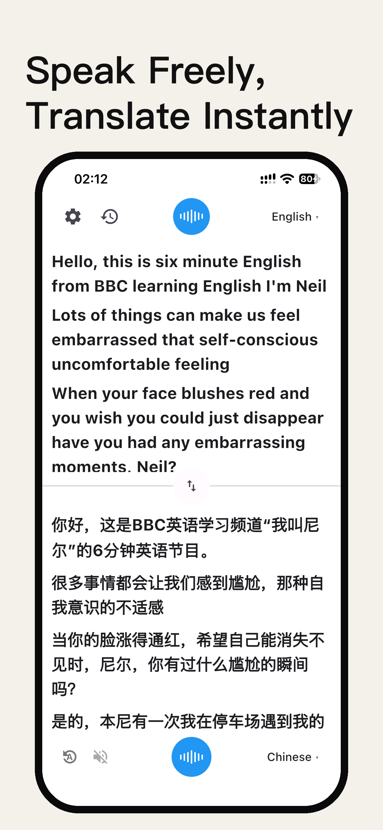Main screen: voice translation